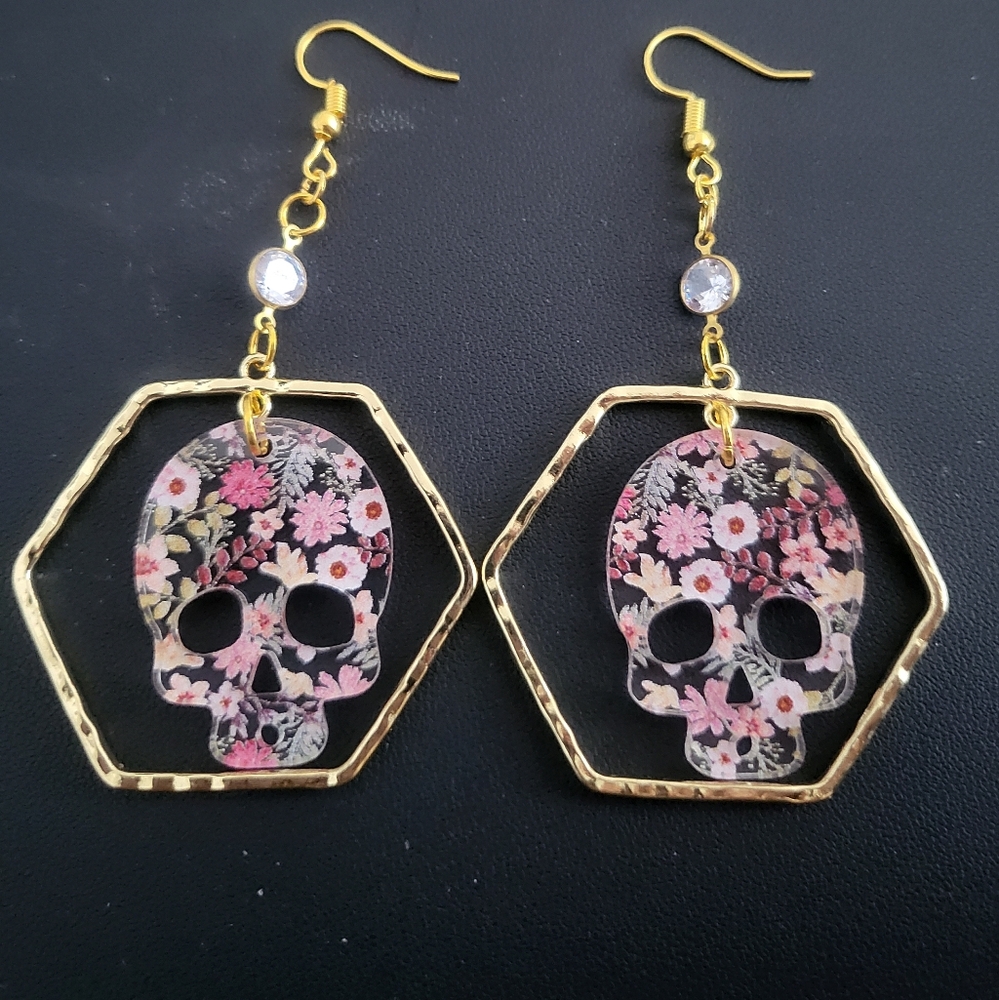 Gold Floral Skull Earrings